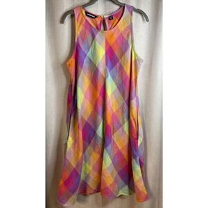 Land's End 100% Linen Swing-Open Dress Rainbow Checkered Pattern- Colorful/Fun